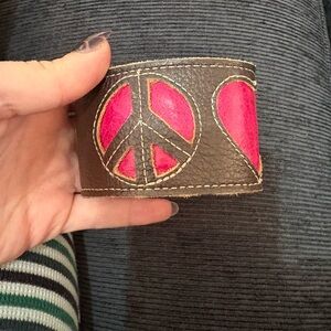Brown Leather Cuff Bracelet with Pink Peace & Heart Inlays